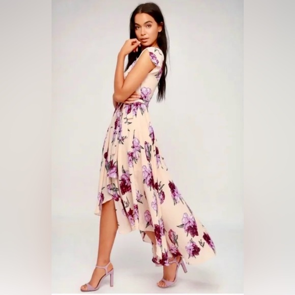 Lulus Flutter Sleeve French Countryside High Low Faux Wrap Dress in Blush Floral - Picture 5 of 10